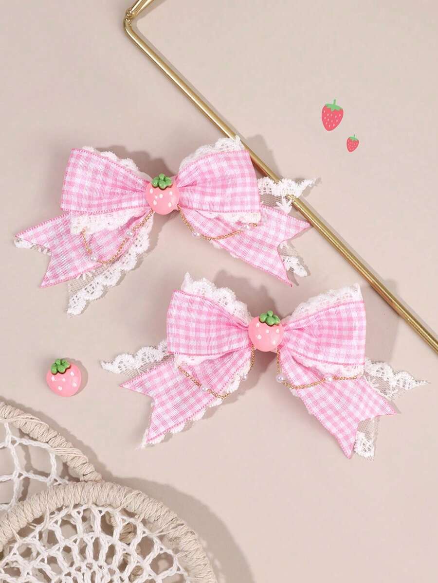 2pcs Strawberry Hair Bows For Women Girls Red Plaid Lace Bow Alligator Clips With Strawberry Accessory Cute Sweet Vacation Bow Hair Clips Adorable Strawberry Checkered Bow Barrettes Women Hair Accessories, Flat Claw Clip, Hair Slide, Hair Claws, Head Accessories, Hairpin - Pink Strawberry - 查看 1