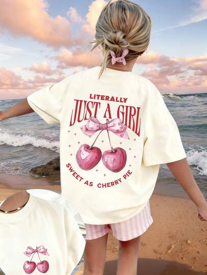 Tween Girl "LITERALLY JUST A GIRL & SWEET AS CHERRY PIE" Creative Bow & Cherry Print T-Shirt, Soft & Comfortable Fabric, Suitable For Girls Outdoor Sports, Daily Wear, Street & Campus Style, Fashionable Casual Top For Spring/Summer