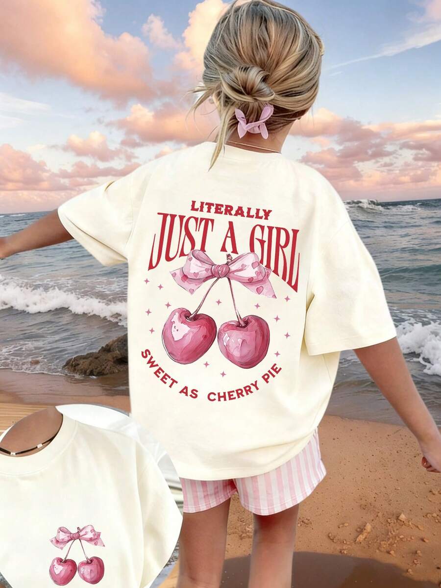 Tween Girl Creative Bow & Cherry Print T-Shirt, Soft & Comfortable Fabric, Suitable For Girls' Outdoor Sports, Daily Wear, Street & Campus Style, Fashionable Spring/Summer Casual Versatile Top - Apricot - View 1