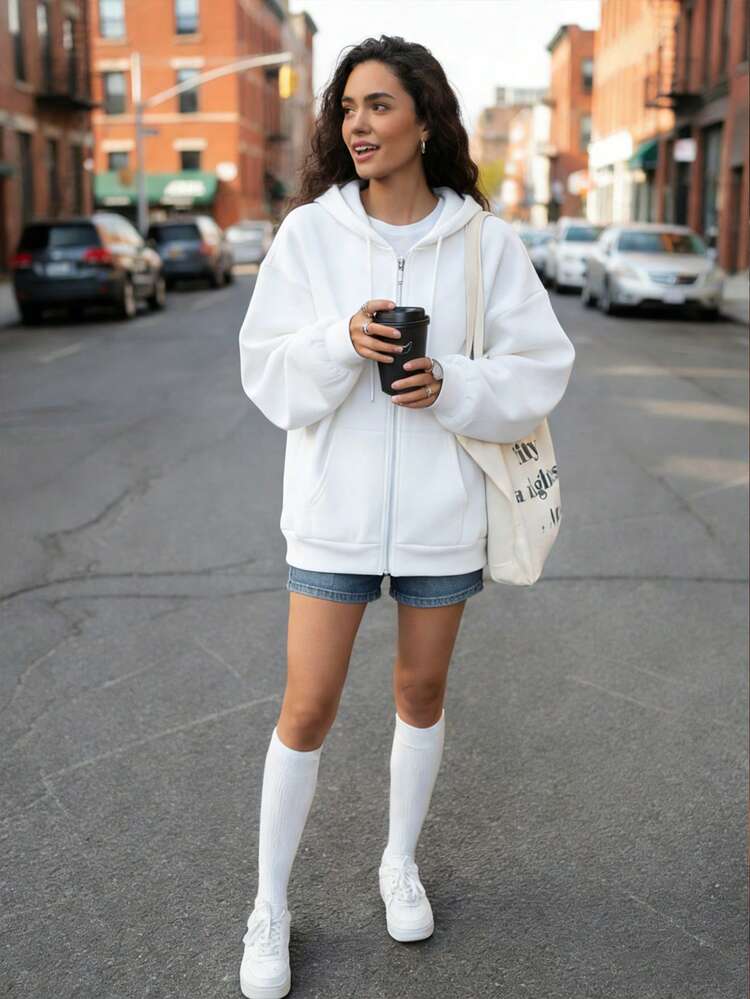 New Arrival Women's Basic Navy Blue Zip-Up Hooded Pocket Drawstring Loose Sweatshirt, Autumn/Winter - White - View 7