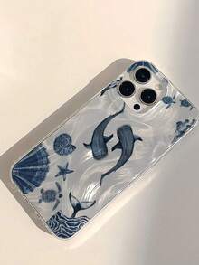 Ocean 1pc Feather, Seashell, Whale Pattern Full Coverage TPU Shockproof Phone Case, Suitable Compatible With Apple 16, 15, 14, 13, 12, 11 Pro Max, Series - Multicolor - View 3