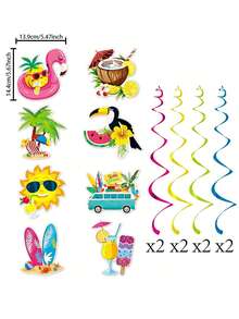 16pcs/1set Hawaiian Luau Birthday Party Hanging Swirl Decor,Summer Beach Party Hanging Decor,Hawaiian Party Decor,Tropical Palm Flamingo Hanging Swirls Streamers Beach Theme Decorations For Summer Birthday Wedding Hawaii Theme Party Supply. - A - View 9