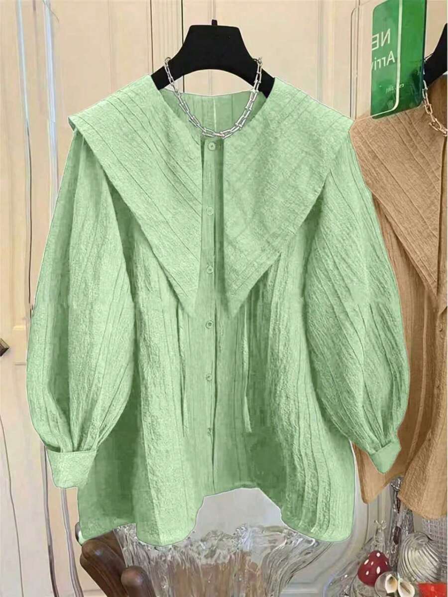 Women's Navy Collar Long Sleeve Pleated Shirt With Front Button And Drawstring Detail, Polyester Washable, Fashionable Blouse For All Seasons Spring - Mint Green - View 1