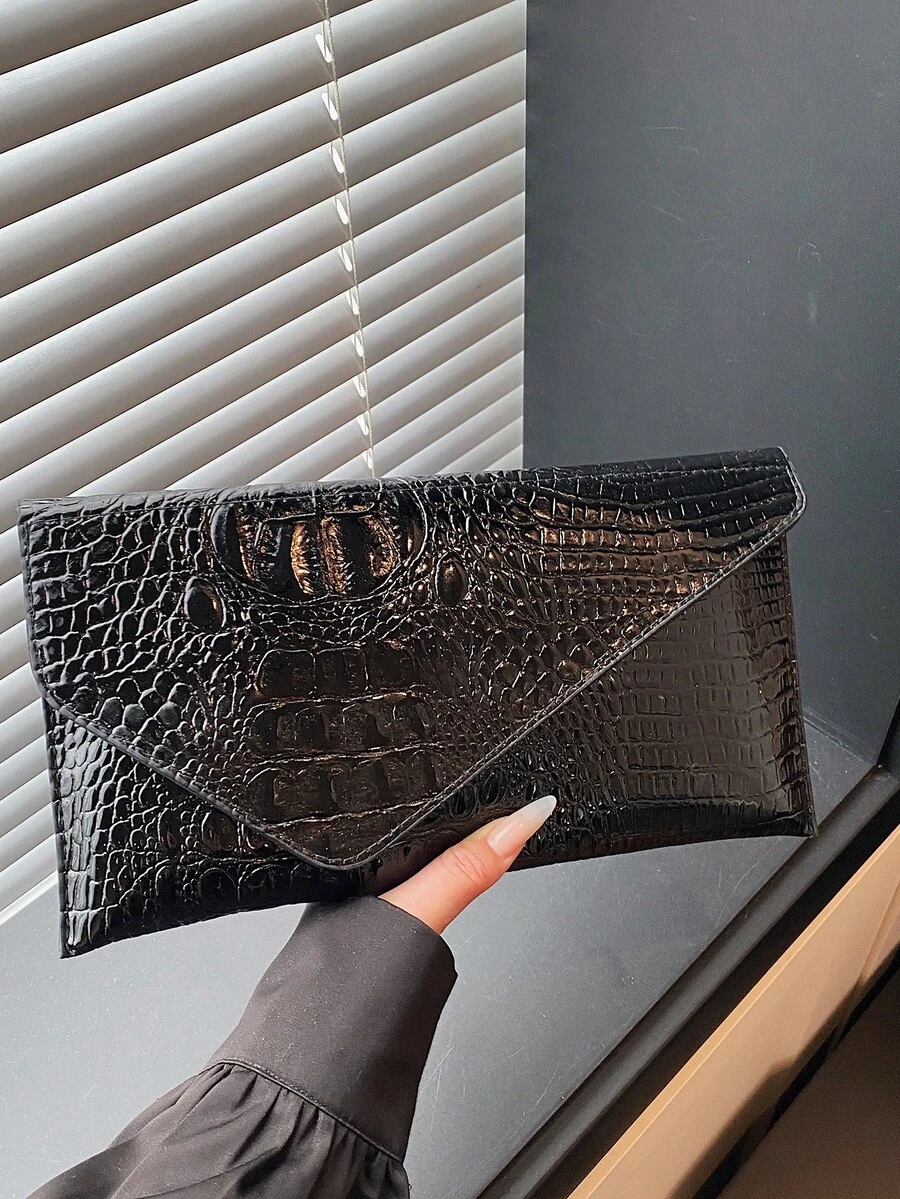 Nueva bolsa de sobre con diseño de nicho de moda con estampado de cocodrilo, bolso de mujer de estilo retro - Negro - Ver 1