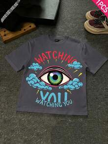 Boys & Teens' Casual Graphic Print Round Neck Short Sleeve T-Shirt, Summer Top - 深灰色 - 查看 2