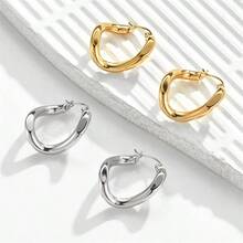 1件装时尚扭曲抛光不锈钢耳环，奢华个性化设计，百搭派对庆典嘻哈耳环饰品 - 金色 - 查看 4