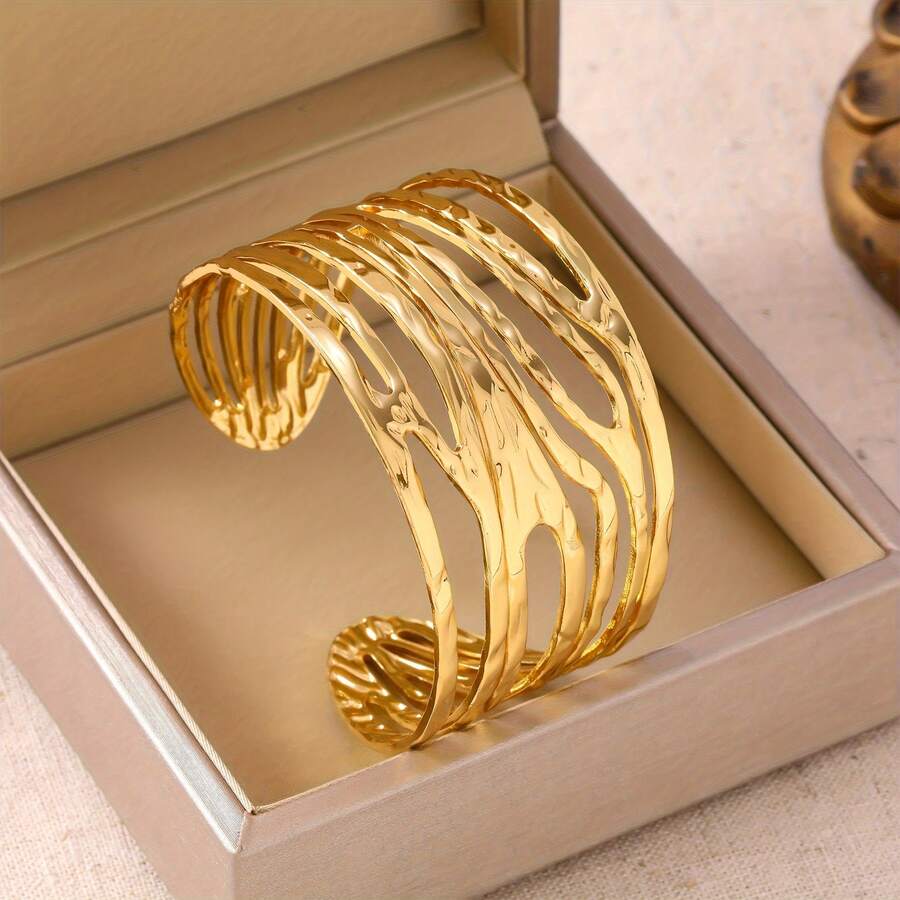 Women's Irregular Geometric 304 Stainless Steel Cuff Bracelet, Gold Adjustable Wave Statement Jewelry - Vòng tay vàng hở - Xem 1