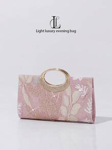 Sac de soirée de luxe pour femme avec fleurs et sequins, sac de mariage, de fête ou de bal de promo avec poignée en cristal circulaire (motif aléatoire) - Rose bonbon - Voir 1