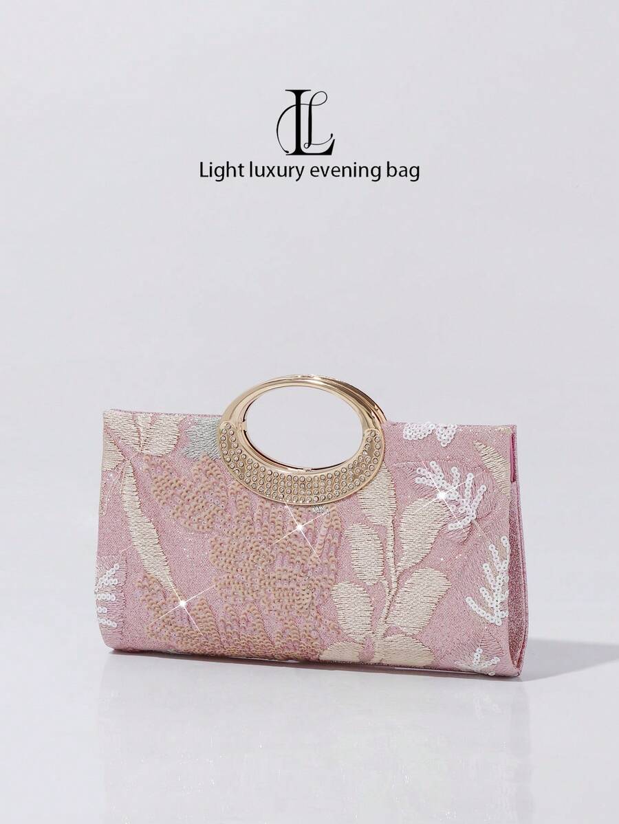 Sac de soirée de luxe pour femme avec fleurs et sequins, sac de mariage, de fête ou de bal de promo avec poignée en cristal circulaire (motif aléatoire) - Rose bonbon - Voir 1