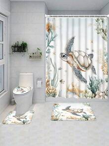 Bộ 4 món đồ dùng phòng tắm cao cấp họa tiết rùa san hô dưới nước, bao gồm rèm tắm, 12 móc nhựa, thảm chống trượt phòng tắm, nắp bồn cầu hình chữ U, phụ kiện trang trí phòng tắm hiện đại. - A - Xem 19