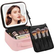 Bolsa de Maquillaje Portátil de Viaje con Espejo LED Regulable, 3 Ajustes de Color Recargables, Caja Organizadora de Cosméticos y Herramientas de Belleza para Mujeres - Rosa - Ver 1