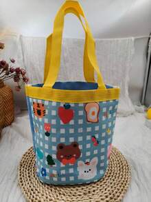 1pc Cute Graffiti Bucket Bag, Printed Cylinder Bag, Canvas Lunch Bag, Handheld Lunch Box Bag, Mommy Bag Lunch Container Lunch Bag For Women Picnic Bag Portable Large Capacity For School Holiday Essential Summer Essentials - Multicolor - View 5