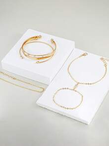 Bộ 5 món vòng tay và dây đeo tay tối giản màu vàng, đính đá Cubic Zirconia, trang sức tinh tế dành cho nữ, quà tặng. - Vàng - Xem 4