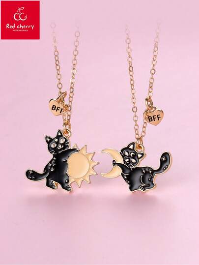 Set de 2 collares con colgante de gato y luna de esmalte lindo para niños BFF, adecuado para uso diario, regalos y festivales