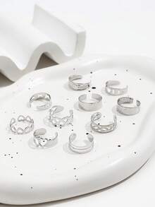 10 piezas Anillos para los dedos de los pies con diseño de estrellas y lunas, conjunto de joyas geométricas huecas ajustables en forma de 8 para la playa - Plateado - Ver 2