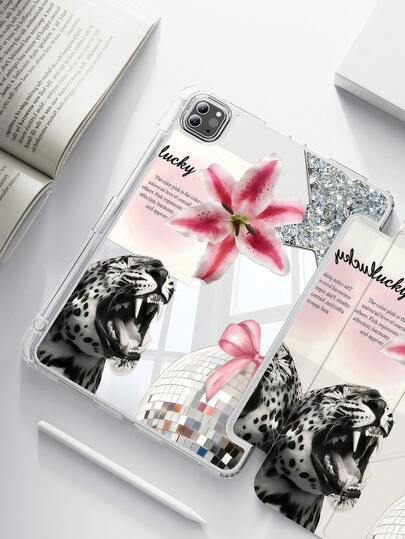 1个可爱卡通豹纹字母花卉印花双面亚克力透明水晶后盖，防震耐用，适用于iPad第7、8和10代（10.2英寸）。内置笔槽，支持睡眠/唤醒功能。是万圣节和新年的理想礼物。