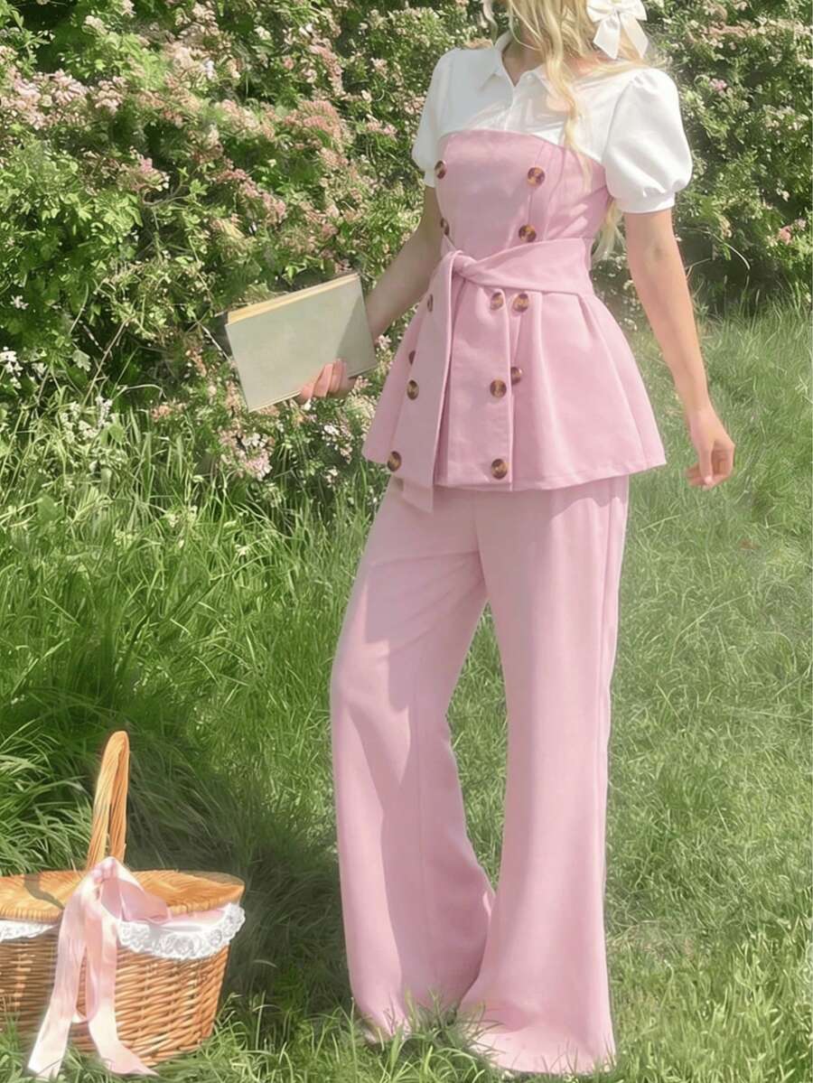 2pcs Girls' Lantern Sleeve Polo Collar Top & Wide Leg Pants Set, Casual/Party/Performance Outfit, Spring/Summer - Pink - View 1