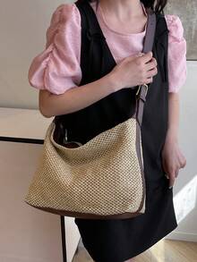 New Woven Beach Bag, Women Simple Shoulder Bag - Black - View 2