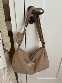 1 chiếc túi xách nữ màu kaki nhung kẻ, khóa kéo trơn, trang trí chữ, thời trang, đa năng, màu trơn tối giản, hàng mới về mùa xuân, kiểu dáng Niche, đeo chéo vai 2 mảnh, phù hợp cho nữ sử dụng hàng ngày. - Màu Khaki - Xem 6