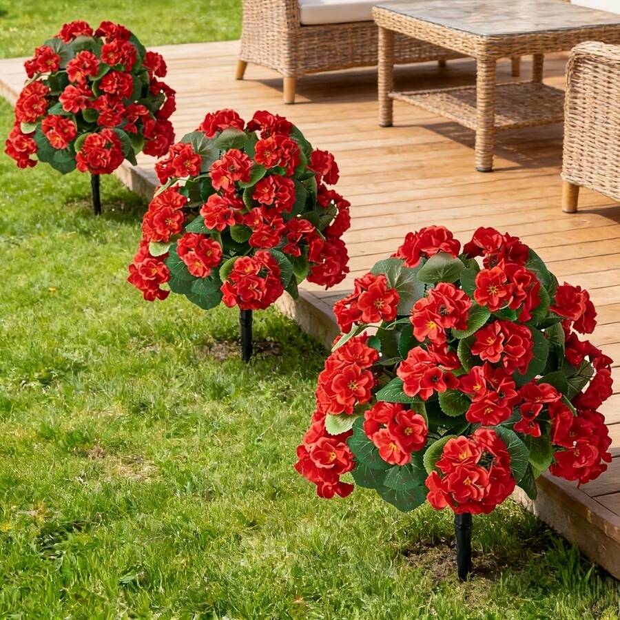 3件套 = 9朵人造天竺葵花，带支架，复古风格，适用于花园和室内装饰 - 紅色 - 查看 1