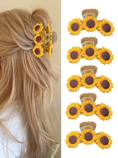 4个/套 可爱逼真双面向日葵发夹，中号，适合日常半扎发、刘海、约会、海滩度假、连衣裙、通勤等场合，实用又贴心的发饰礼品