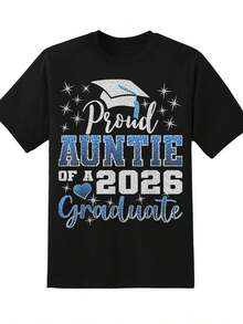 Proud Auntie Of A 2026 Graduate Graduation Shirt For Women Sparkle Design Grad Cap T-Shirt Celebration Gift For Family Member Graduation Day Party Wear,220g - 黑色 - 查看 3