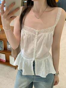 法式浪漫蕾丝边无袖吊带背心，女士款，独特华丽，夏季新款休闲单品 - 杏色 - 查看 2