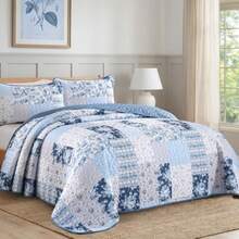Blue Patchwork Quilt Set King Size Boho Floral Plaid Bedspread Coverlet Set Farmhouse Soft Microfiber Bedding Set Blue Summer Bed Cover with 2 Pillowcases for All Season - Azul - Ver 3