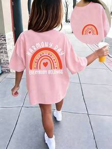 Áo thun HARMONY DAY dành cho bé gái tuổi teen với khẩu hiệu "EVERYBODY BELONGS" và hình hoạt hình cầu vồng, chất liệu mềm mại và thoải mái, phù hợp cho các hoạt động thể thao ngoài trời, dạo phố, đi học, thời trang mùa xuân/hè đa năng. - Hồng - Xem 4