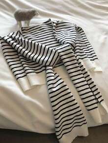 1 Stück Damen Mode gestreifter Strick-Cardigan mit kontrastfarbigem kleinem Schal, Frühling/Sommer/Herbst Sonnenschutz multifunktionaler Büro-Mesh-Schal für Klimaanlagenräume, Nacken- & Schulterschutz-Weste, geeignet für alle Jahreszeiten, RC Kleid - Verschiedenfarbig - Übersicht 17
