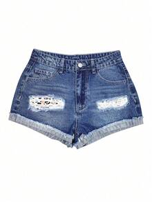 Women's Leopard Print Applique Washed Denim Shorts Casual Vacation Summer - Blue - View 5