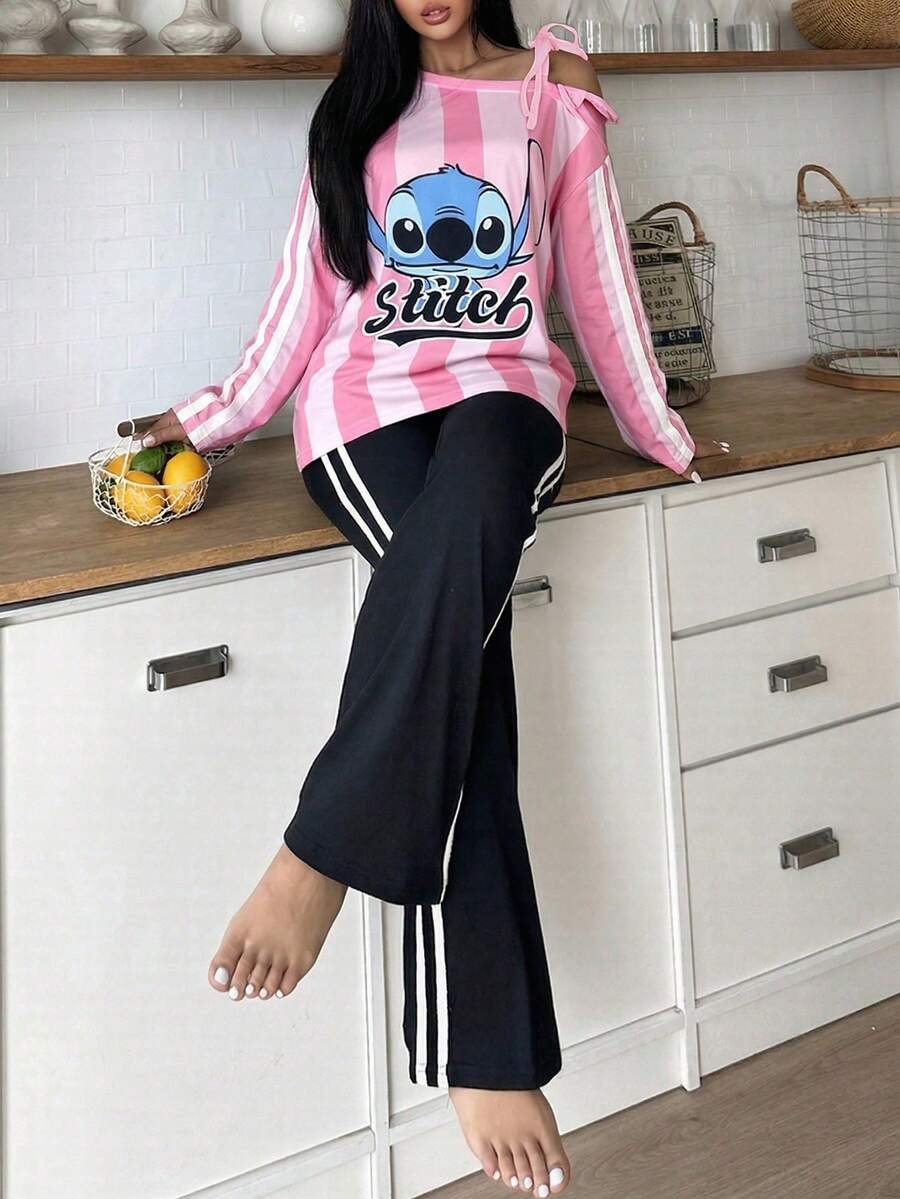 Disney Conjunto de camiseta de hombro rosa y pantalones para mujer Stitch, conjunto elegante, romántico y encantador de vacaciones casual, primavera/otoño, de tela elástica y suave - Rosa - Ver 1
