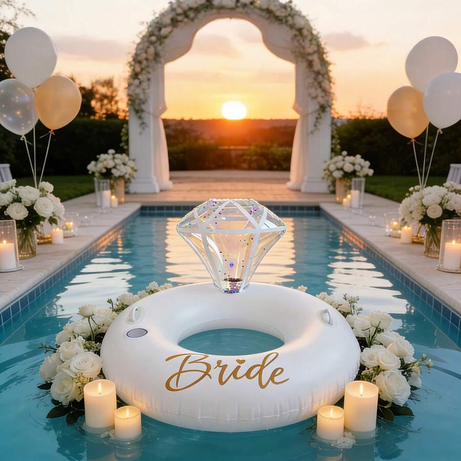 Pool Floats, Inflatable Ring Pool Float, Large Engagement Ring Floatie For Bachelorette Party, Swim Tube River Lake Wedding Bride Stagette Decor Fun Raft For Adults, Gold/White/Pink - 1 gói - Xem 1