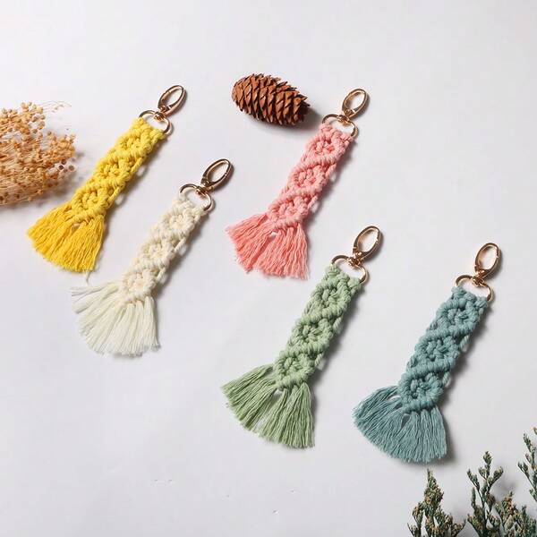 1 pezzo Portachiavi in poliestere tinta unita stile boho, fatto a mano con nappe, accessorio versatile e alla moda a forma di lisca di pesce per telefono, borsa
