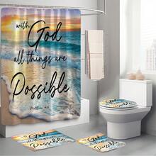 1pc/4pcs Beach Scenery Pattern Bathroom Decor Shower Curtain Set, Free 12 Hooks Included, Elegant Holiday Atmosphere, Bathroom Mat, U-Shaped Floor Mat And Round Toilet Mat, Suitable For All Scenarios Bathroom Set - Beach Text - View 6