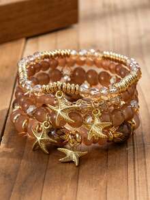 Bộ trang sức phong cách Bohemian 4 món, mặt dây chuyền hình sao biển, vòng tay hạt nhiều lớp, thích hợp đeo hàng ngày cho nữ. - Bô-hê-miêng - Xem 2