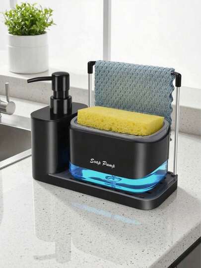 Juego de dispensador de jabón de cocina 5 en 1, incluye bandeja, dispensador de jabón doble, soporte para esponja, escurridor de platos, jabonera - Organizador de cocina práctico (toalla no incluida)