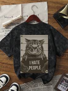 夏季新款极简时尚暗黑风猫咪印花宽松休闲圆领扎染短袖T恤，百搭时尚女式上衣，黑色 - 黑色 - 查看 2