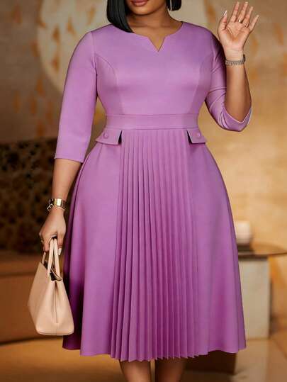 Plus Size V-Neck 3/4 Sleeve Ruched A-Line Spring/Summer Dress, Commuter Style, Cocktail Party Semi-Formal Dress, Suitable For Birthday, Wedding Guest, Graduation Ceremony, Gala, Homecoming