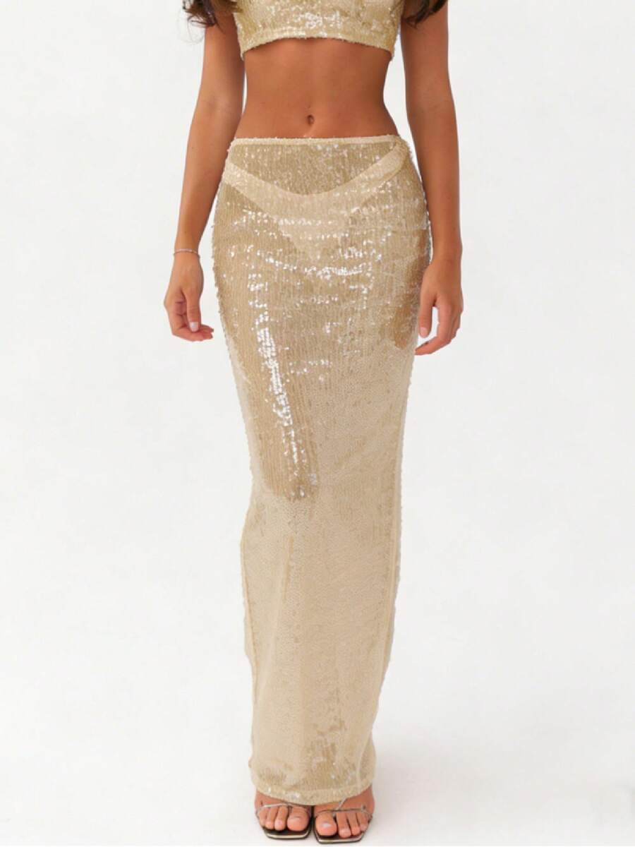 Women Sequin Maxi Skirt Low Rise See Through Sparkly Bodycon Long Mermaid Skirt Summer  Coquette Beachwear - 香檳色 - 查看 1