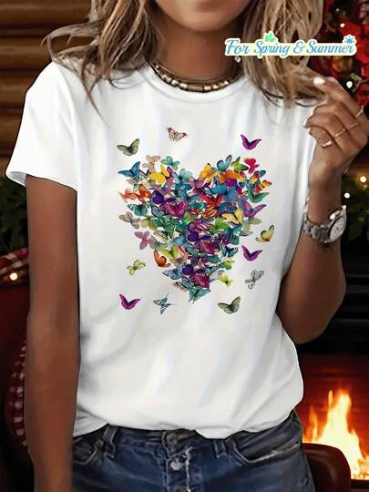 Camiseta unisex para adultos, camiseta estampada con diseño estético de corazón de mariposa, top casual de manga corta y cuello redondo, ropa de primavera y verano para mujer, blusas casuales para mujer, blusas de mujer, camisas de mujer, blusa, blusas casuales para mujer.