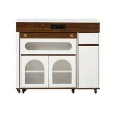 Kitchen Island With Wheels, Extendable Dining Table With Power Strips And Ribbed Glass, Sideboard With One Drawer, Serves As A Kitchen Island, Sideboard For Kitchen And Dining Room (White + Walnut) - White - View 12