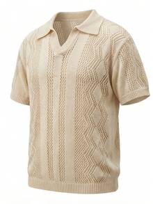 GRDR 男士镂空针织 Polo 衫，美式复古 V 领短袖，透气网眼夏季上衣 - 杏色 - 查看 4