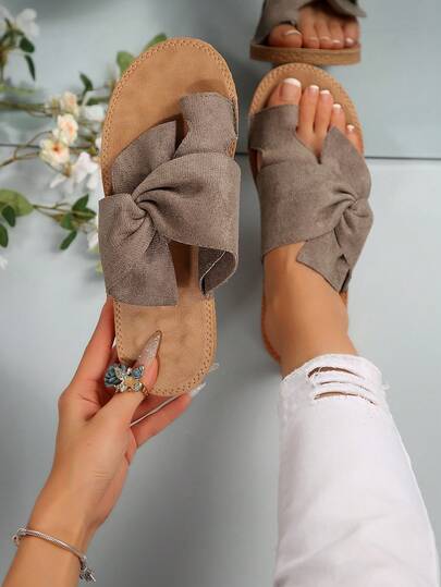Khaki Flat Thong Sandals For Women, Bowknot Decor, Suede Upper, Fisherman Style Casual Beach Shoes, Summer New Arrival Flat Flip Flops