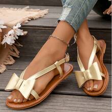 新款时尚蝴蝶结露趾平底凉鞋，单带法式拖鞋 - 金色 - 查看 3