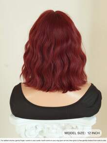 7JHH WIGS 女士短款波浪卷红色波波头假发，带刘海，12英寸短波浪卷发假发，自然合成发丝，耐热假发，适合日常角色扮演、音乐节派对等场合佩戴。假发配件 - 紅色 - 查看 3