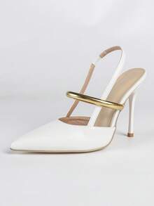 女士白色时尚优雅尖头细高跟鞋，舒适简约百搭浅口鞋 - 白色 - 查看 2
