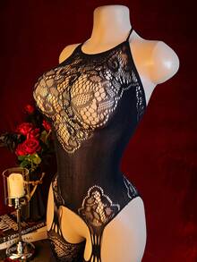Semi-Sheer Jumpsuit With Spaghetti Straps, Sexy Spaghetti Strap Neckline With Delicate Knitted Lace Print Details - Black - View 2