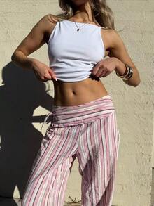 Pantalones anchos de pierna ancha con cordón y cremallera de tela tejida a rayas para mujer, ajuste relajado para festival de música campestre, primavera y verano - Rosa - Ver 4