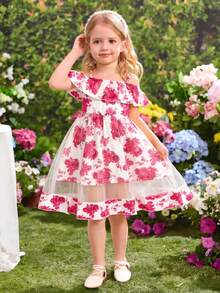 Girls' Rose Print Off-Shoulder Ruffle Hem Camisole Dress, Casual Fashionable Mesh Skirt For Summer - Hot Pink - View 8